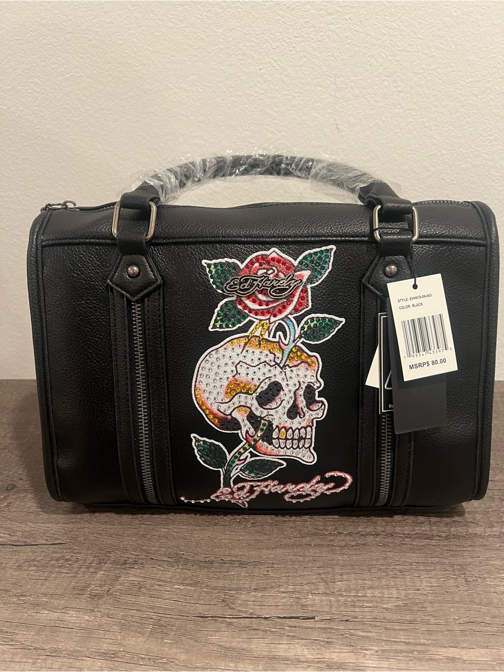 Ed Hardy Black Embellished Skull & Rose Satchel Bag w/ Strap
